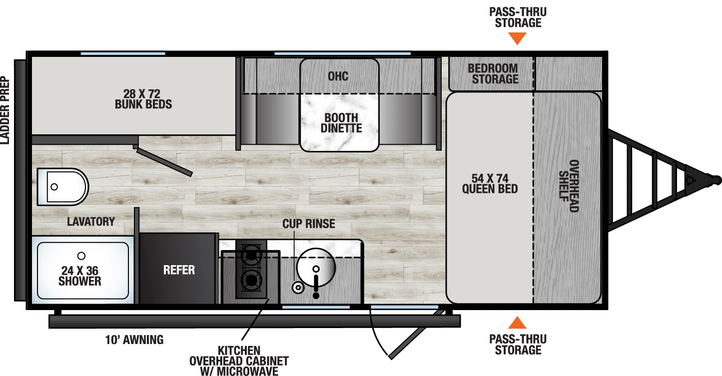 The Viking Travel Trailers 17BH floorplan has one entry and zero slide outs. Exterior features include: metal exterior and 10' awning. Interiors features include: bunk beds and front bedroom.